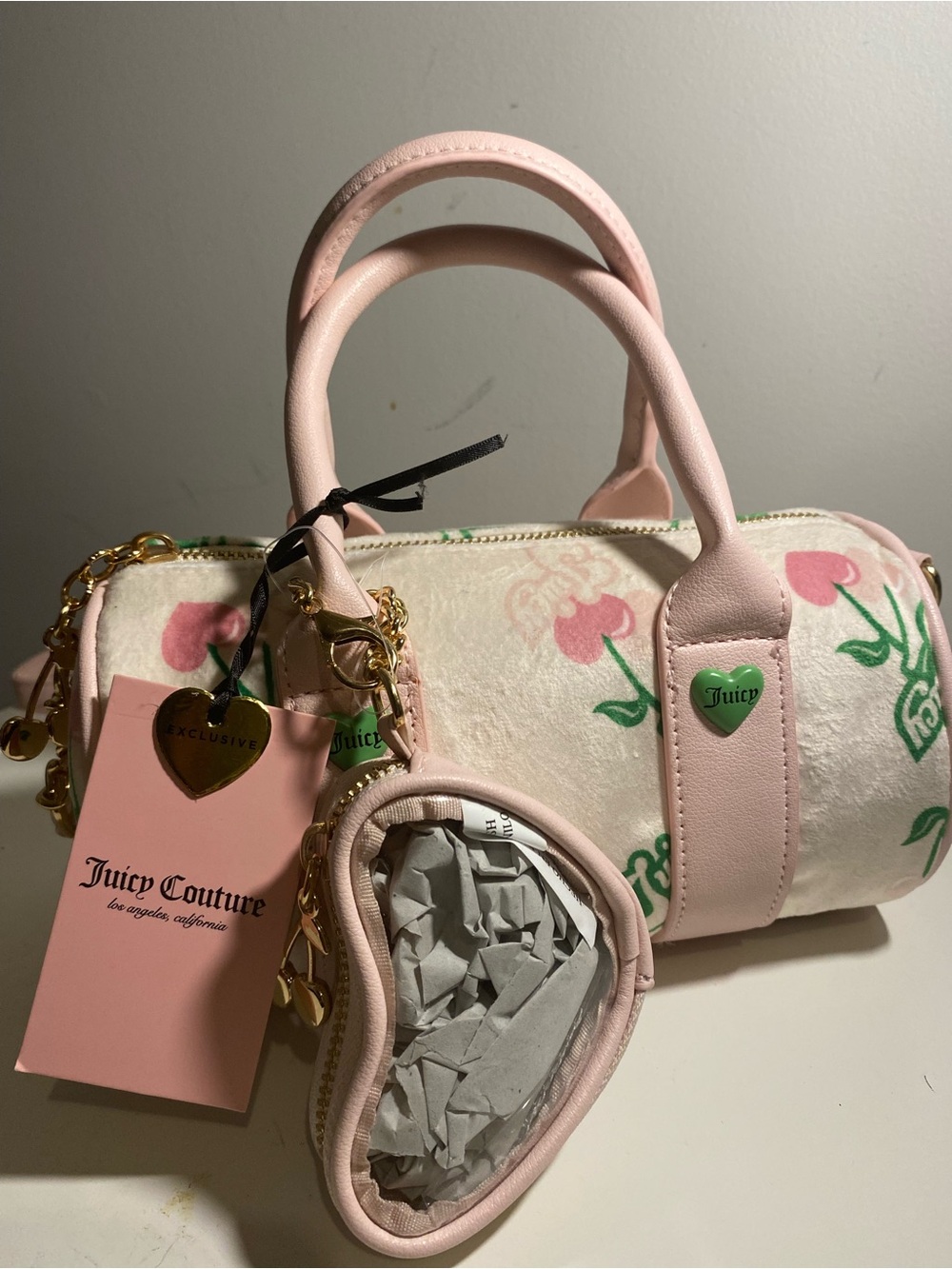 Juicy Couture Pink Floral Velvet Barrel Bag with Heart Pouch